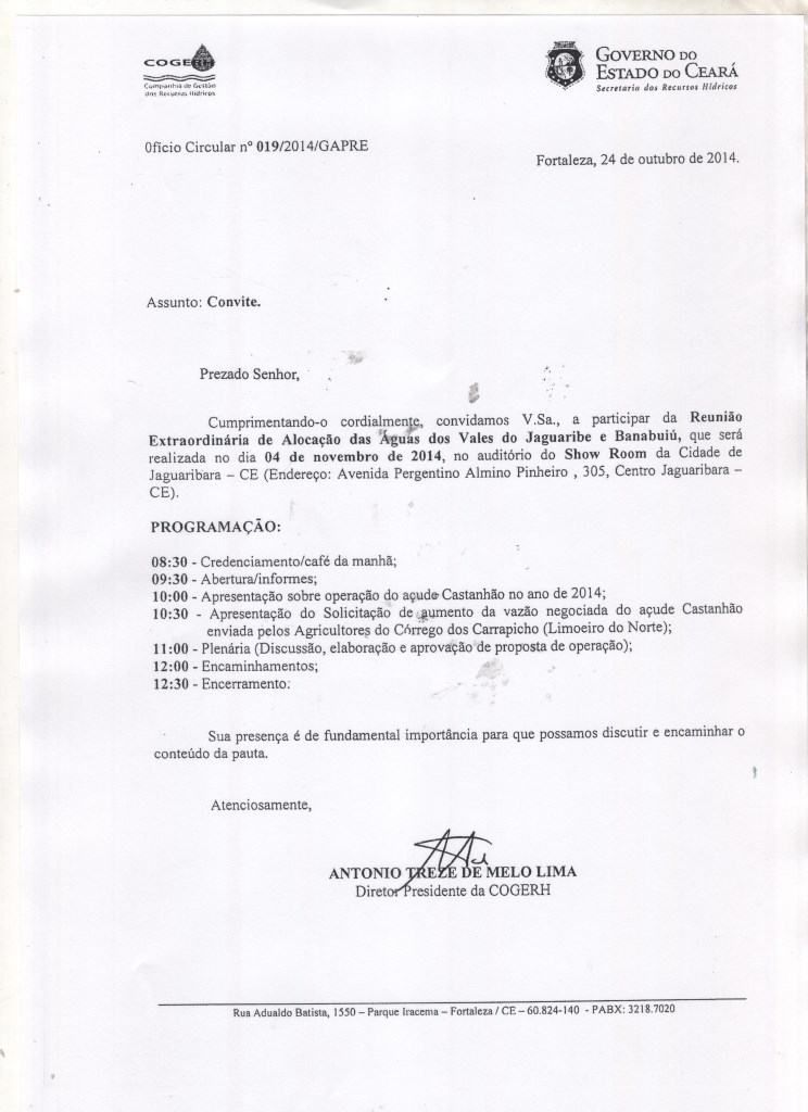 CANCELADA Reunião EXTRAORDINÁRIA de Alocação das Àguas do Vales do Jaguaribe e Banabuiú