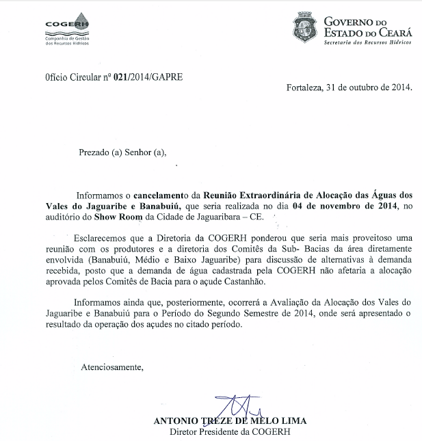 Oficio 021/2014 Cancelamento da Reunião Extraordinária de Alocação das Aguas dos Vales do Jaguaribe e Banabuiu