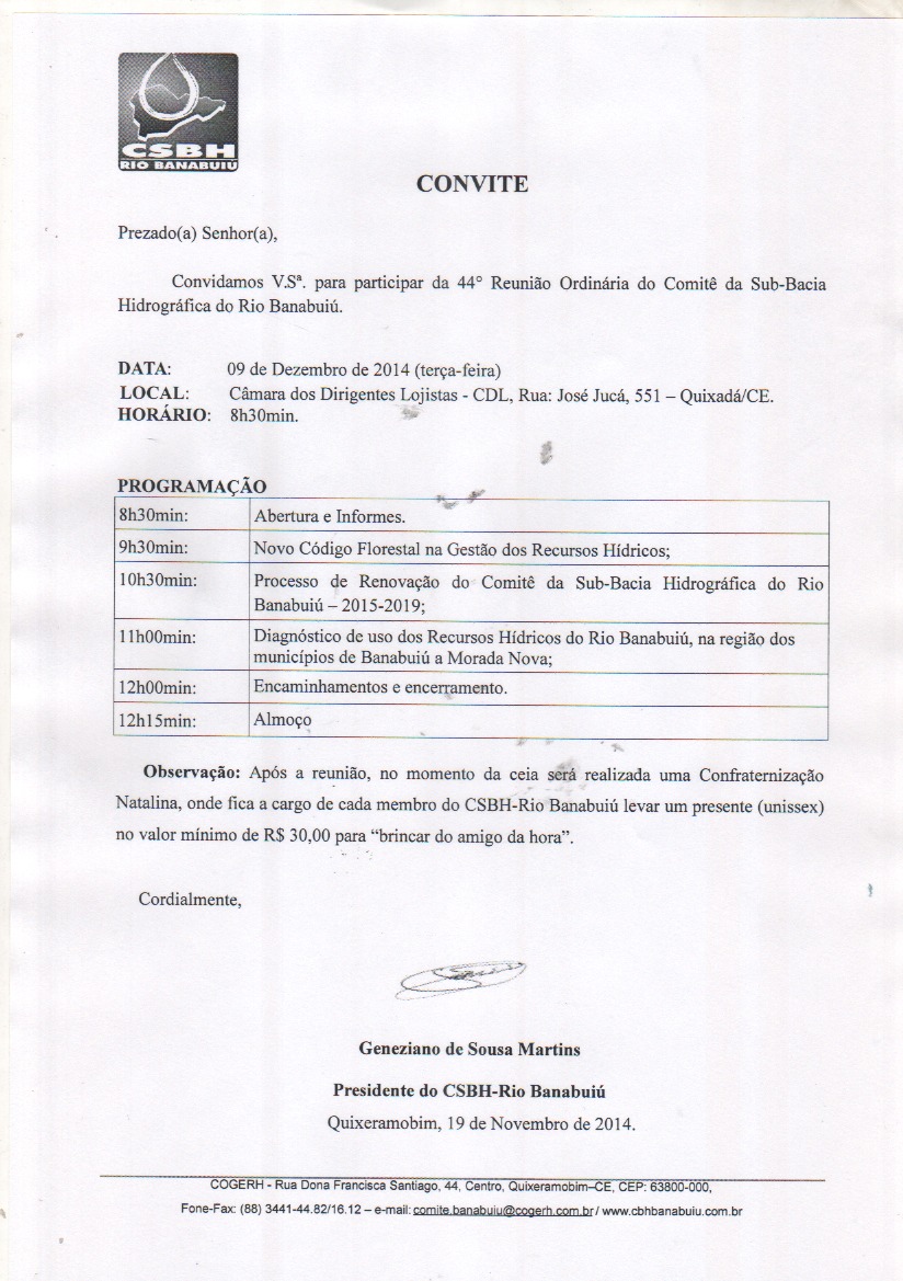 Convite da 44° Reunião Ordinária do CSBH-Rio Banabuiú