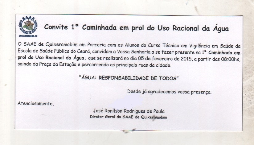 Convite 1º Caminhada em Prol do Uso Racional da Água