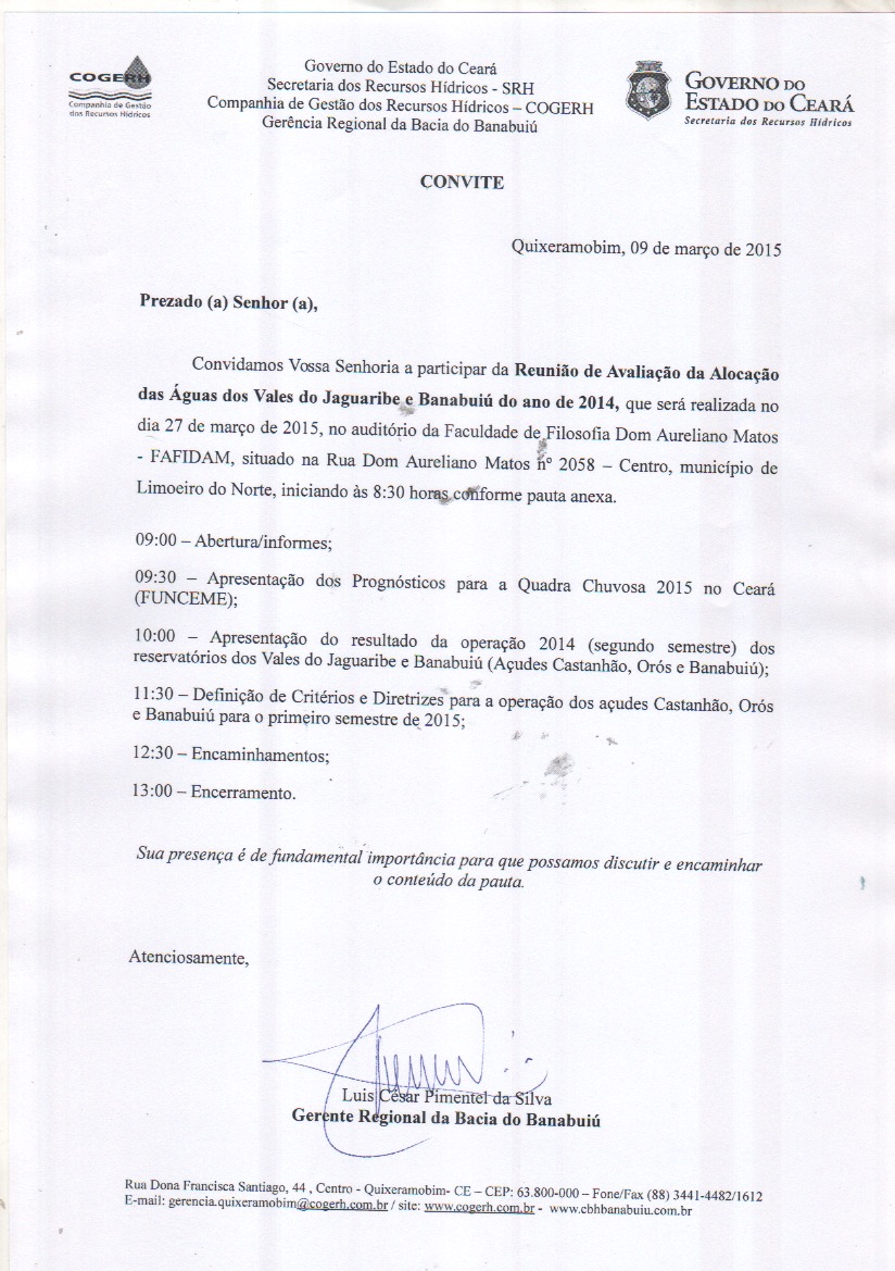 Convite Reunião de Avaliação da Alocação das Águas dos Vales Jaguaribe e Banabuiú do ano de 2014