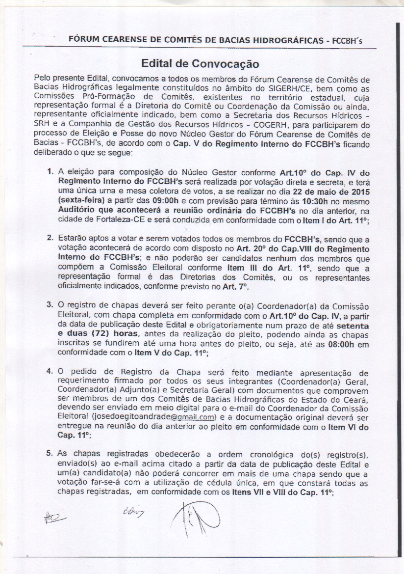 Edital de Convocação da Eleição do Fórum Cearense de Comitês de Bacias Hidrográficas