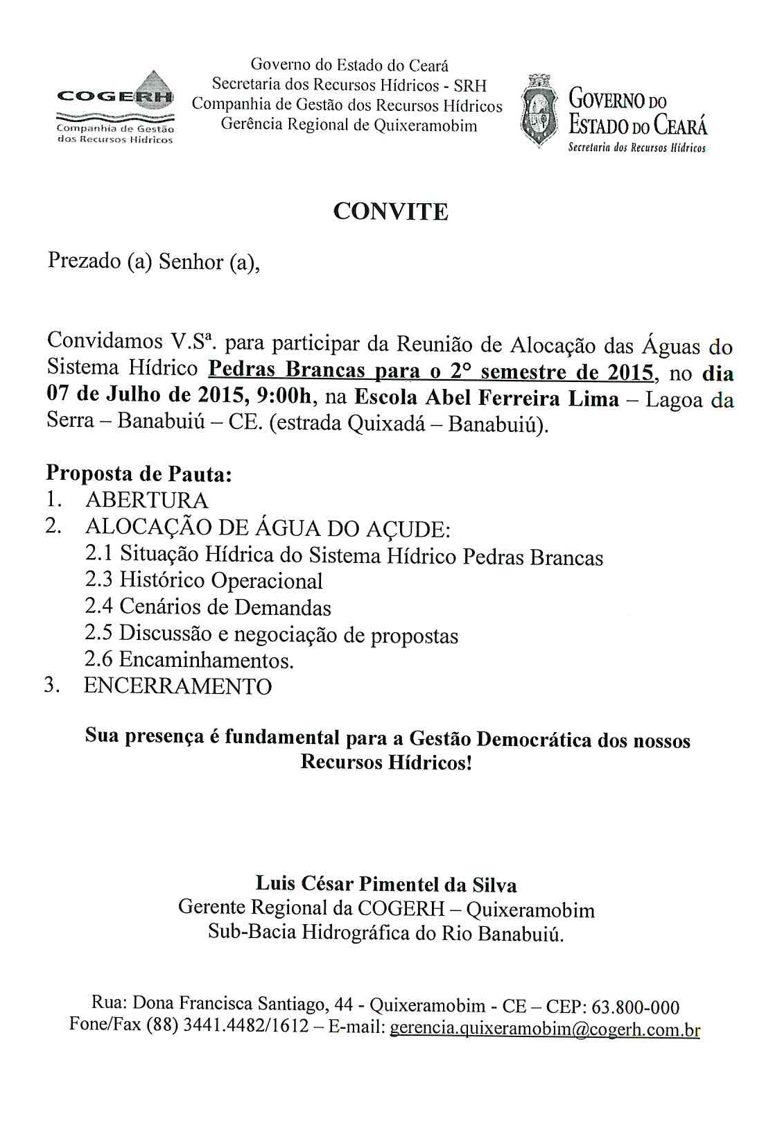 Reunião de Alocação das Águas do Sistema Hídrico Pedras Brancas para o 2° semestre de 2015