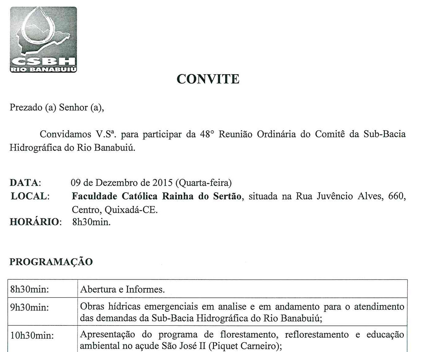 Convite da 48º Reunião Ordinária do Comitê da Sub-Bacia Hidrográfica do Rio Banabuiú.