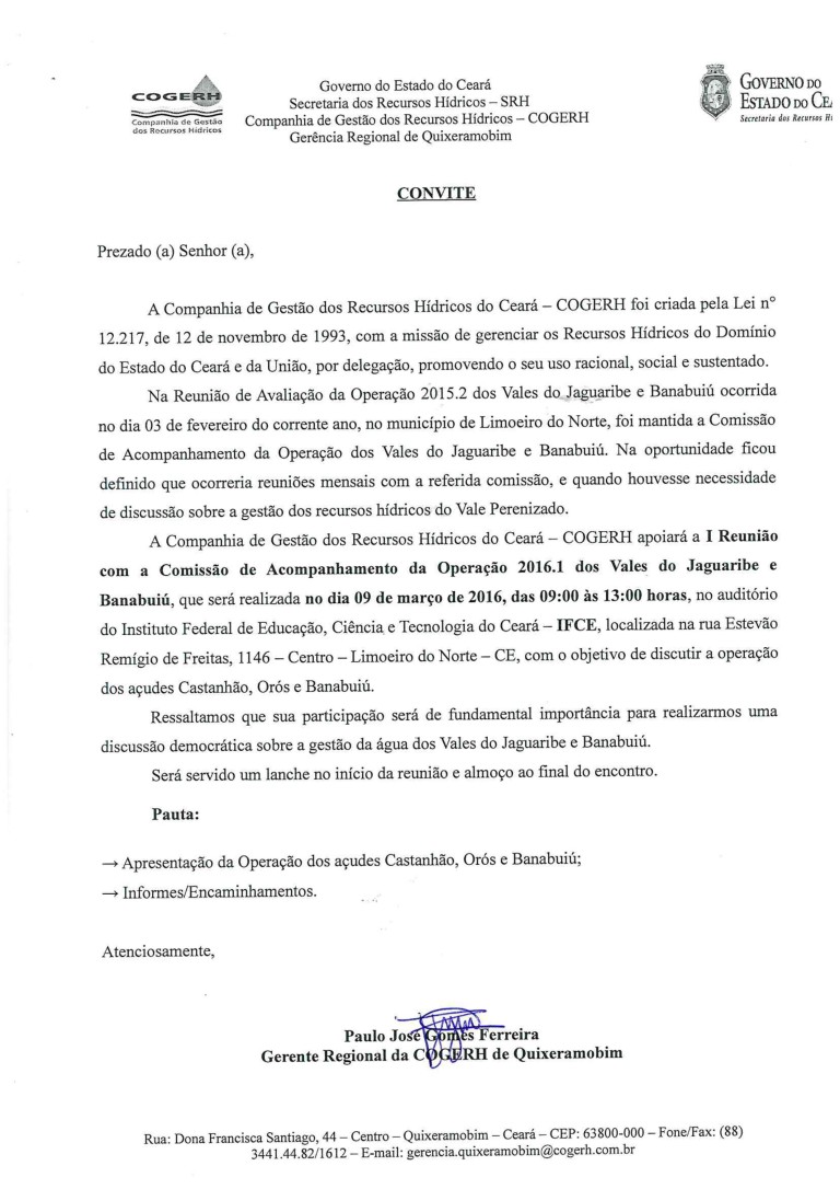 I Reunião com a Comissão de Acompanhamento da Operação 2016.1 dos Vales do Jaguaribe e Banabuiú