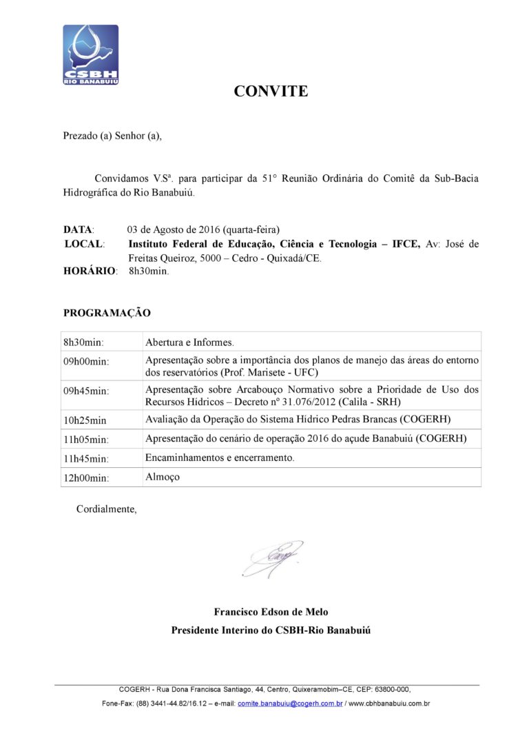 Convite da 51º Reunião Ordinária do Comitê da Sub-Bacia Hidrográfica do Rio Banabuiú.