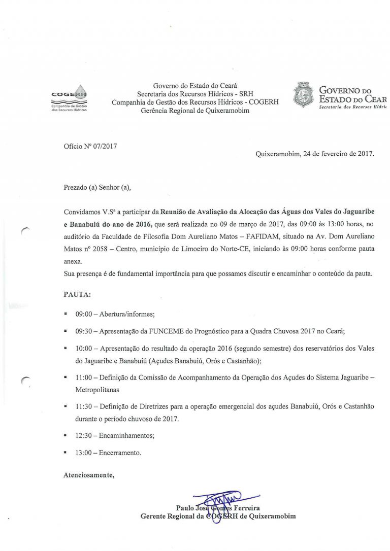 Reunião de Avaliação da Alocação das Águas dos Vales do Jaguaribe e Banabuiú do ano de 2016