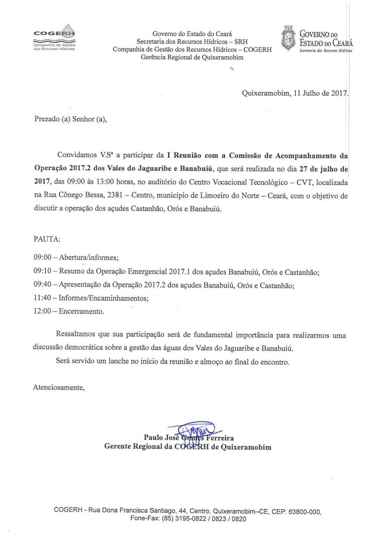 I Reunião com a Comissão de Acompanhamento da Operação 2017.2 dos Vales do Jaguaribe e Banabuiú