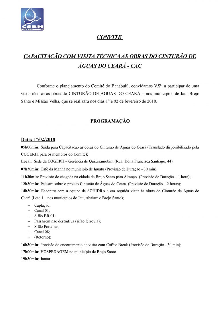 Convite Capacitação Técnica as Obras do Cinturão de Águas do Ceará-CAC