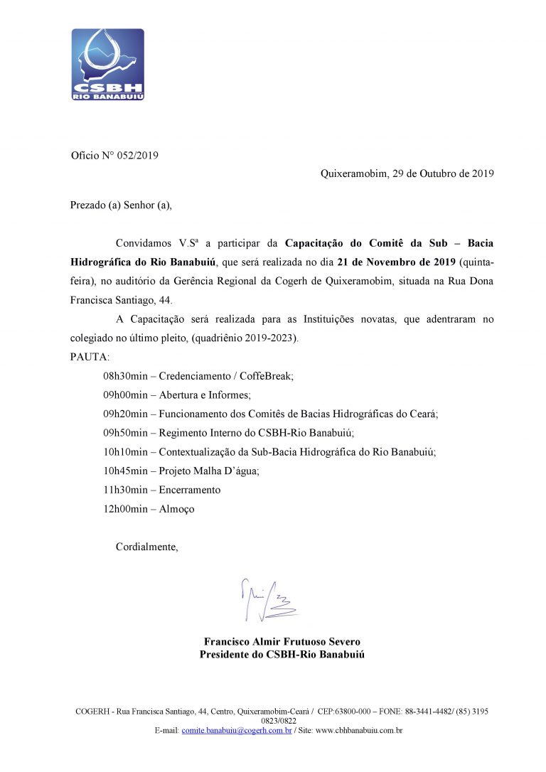 Convite Capacitação do Comitê da Sub-Bacia Hidrográfica do Rio Banabuiú para as Instituições Novatas