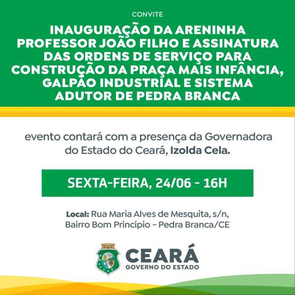 Ordem de serviço para Adutora de Pedra Branca será assinada nesta sexta-feira.